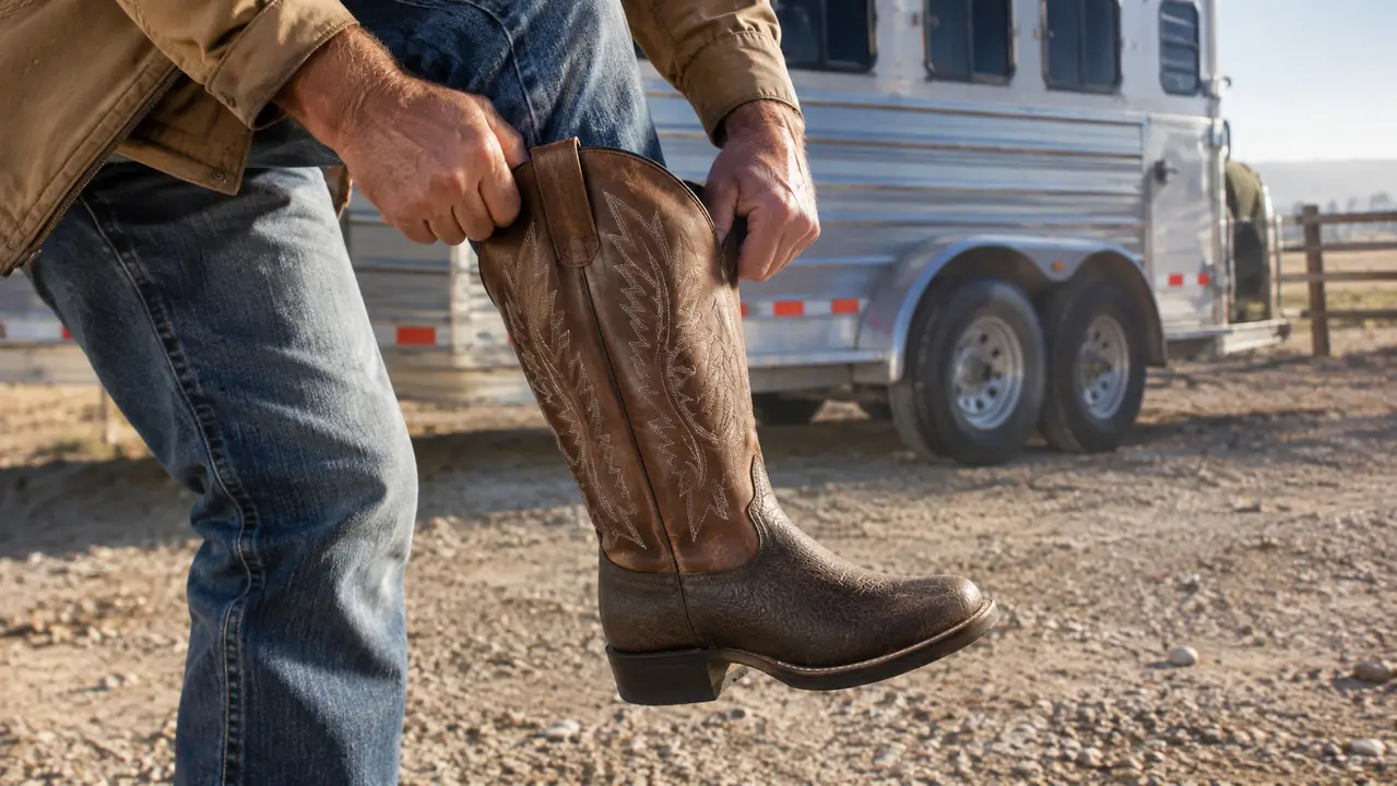 A hand pulling on a square toe cowboy boot beside a trailer tire before mounting up