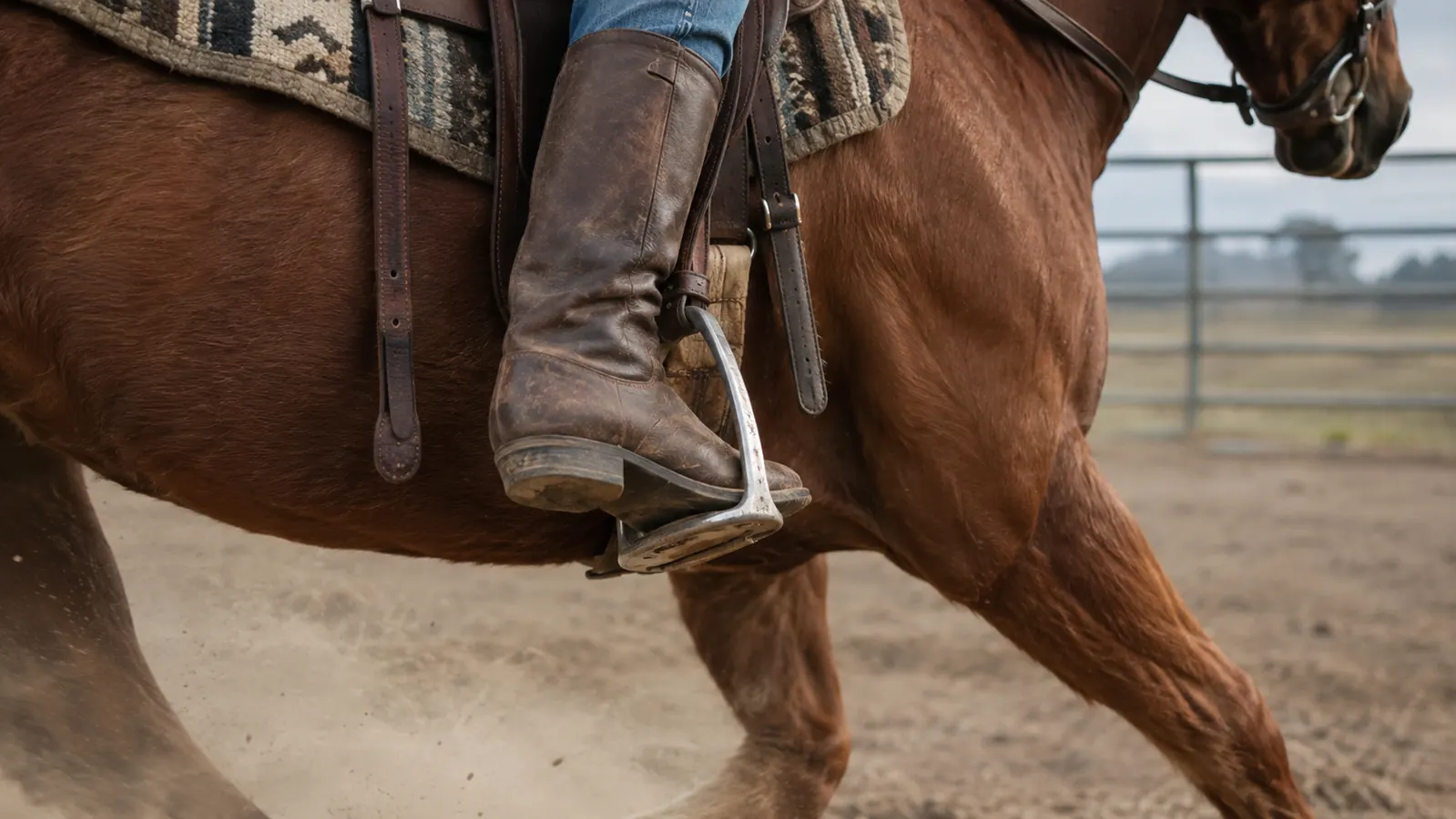 A rider in the saddle with a foot in the stirrup, dust rising behind a horse in a practice pen