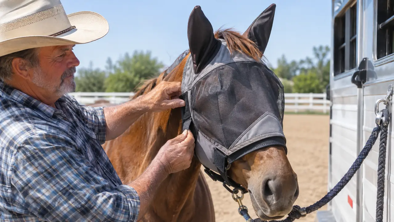 A rider's hand adjusting a fly mask on a horse's head before a ride