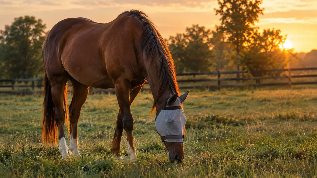 A horse wearing a fly mask grazing in a pasture at dusk