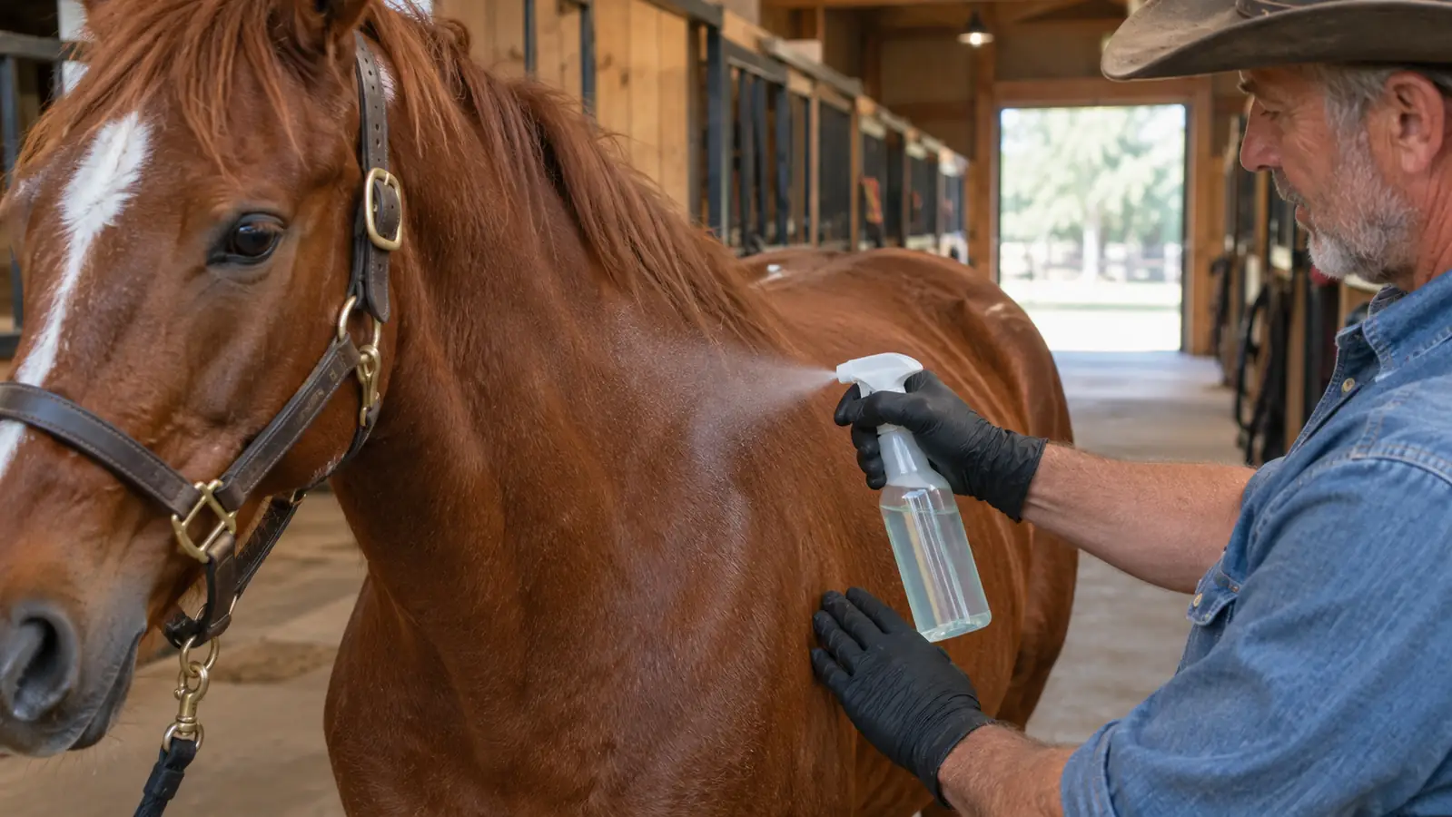 A rider in a work glove sprays fly repellent on a horse's shoulder in a barn aisle.