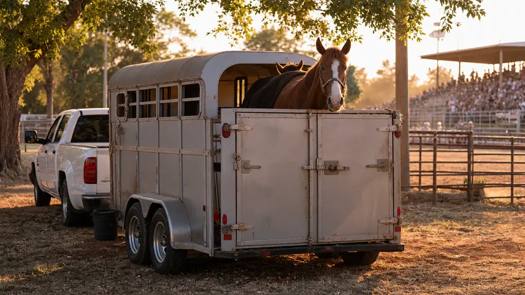 A horse looking out over the tailgate of a two-horse trailer parked at rodeo grounds.