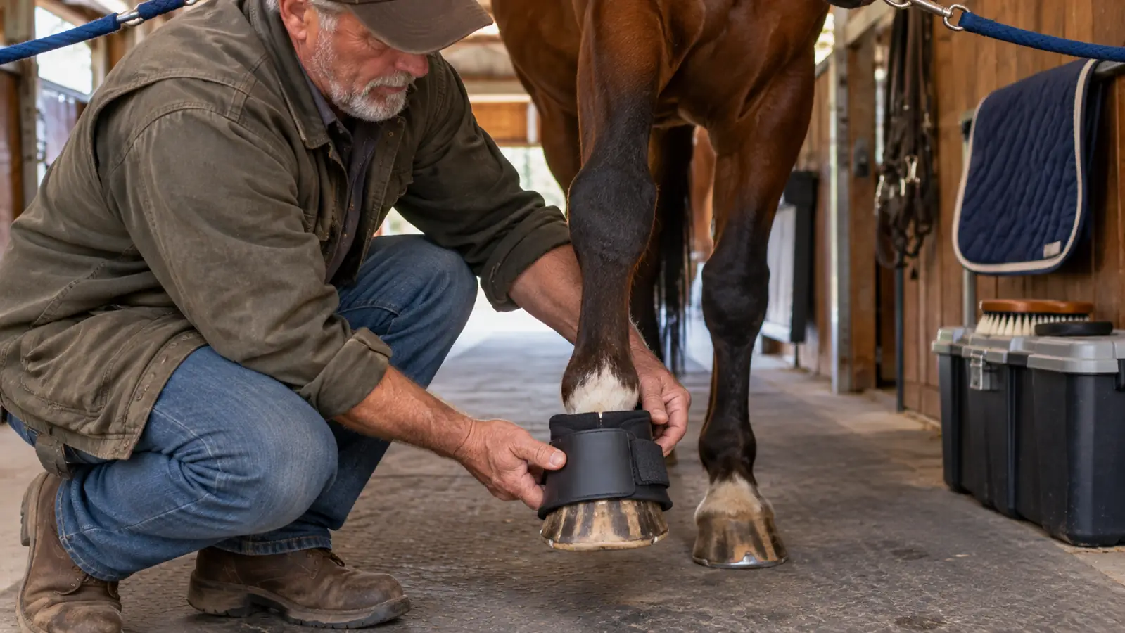 A rider's hands fitting a bell boot over a horse's front hoof while the horse stands in a barn aisle