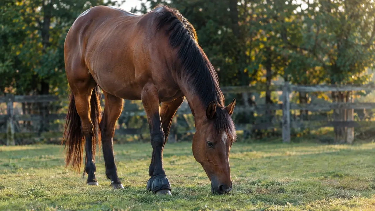 A horse grazing in a grass paddock after a ride, bell boots still on its front legs