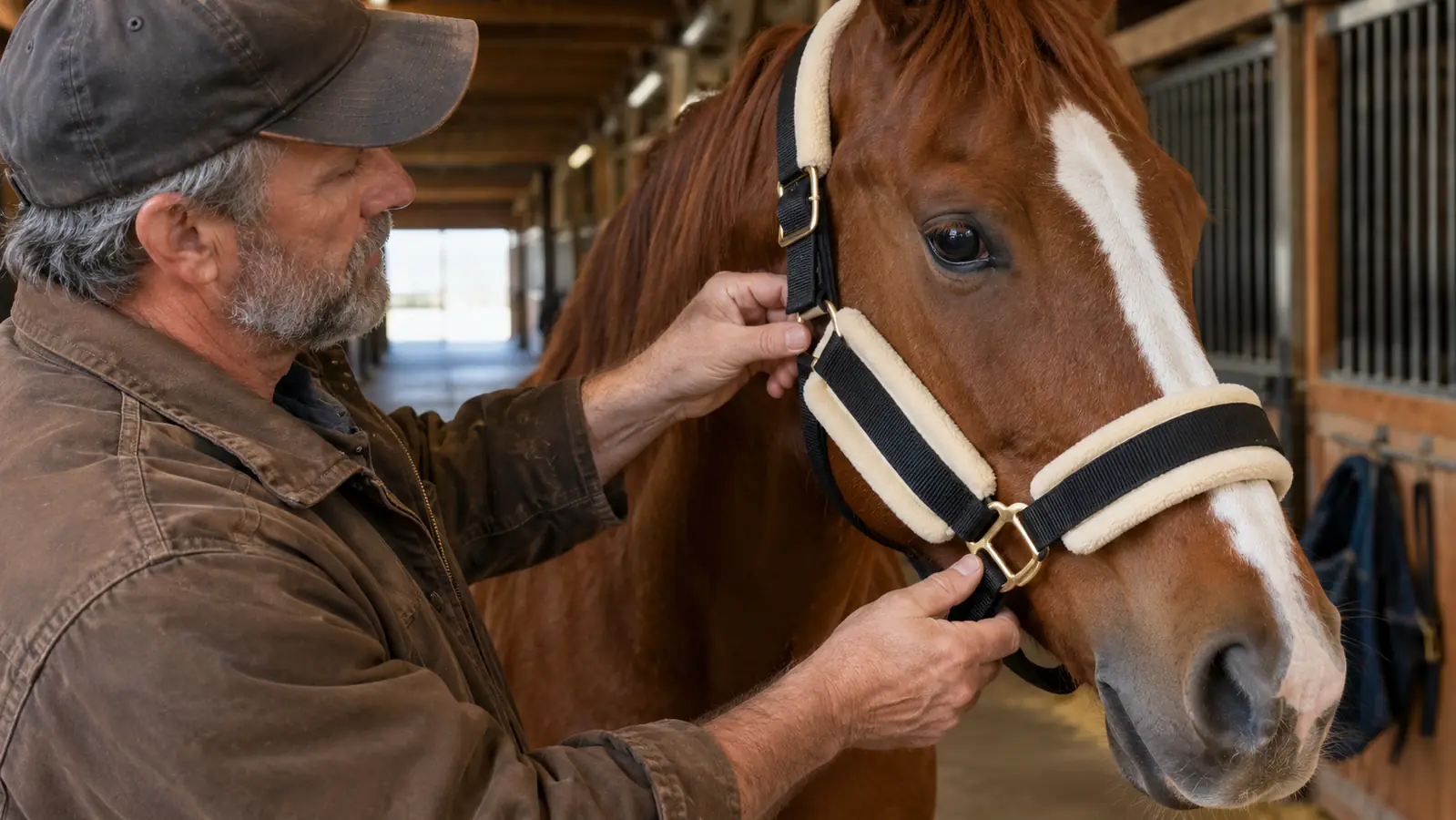A rider's hand adjusting a padded halter on a horse's head in a barn aisle