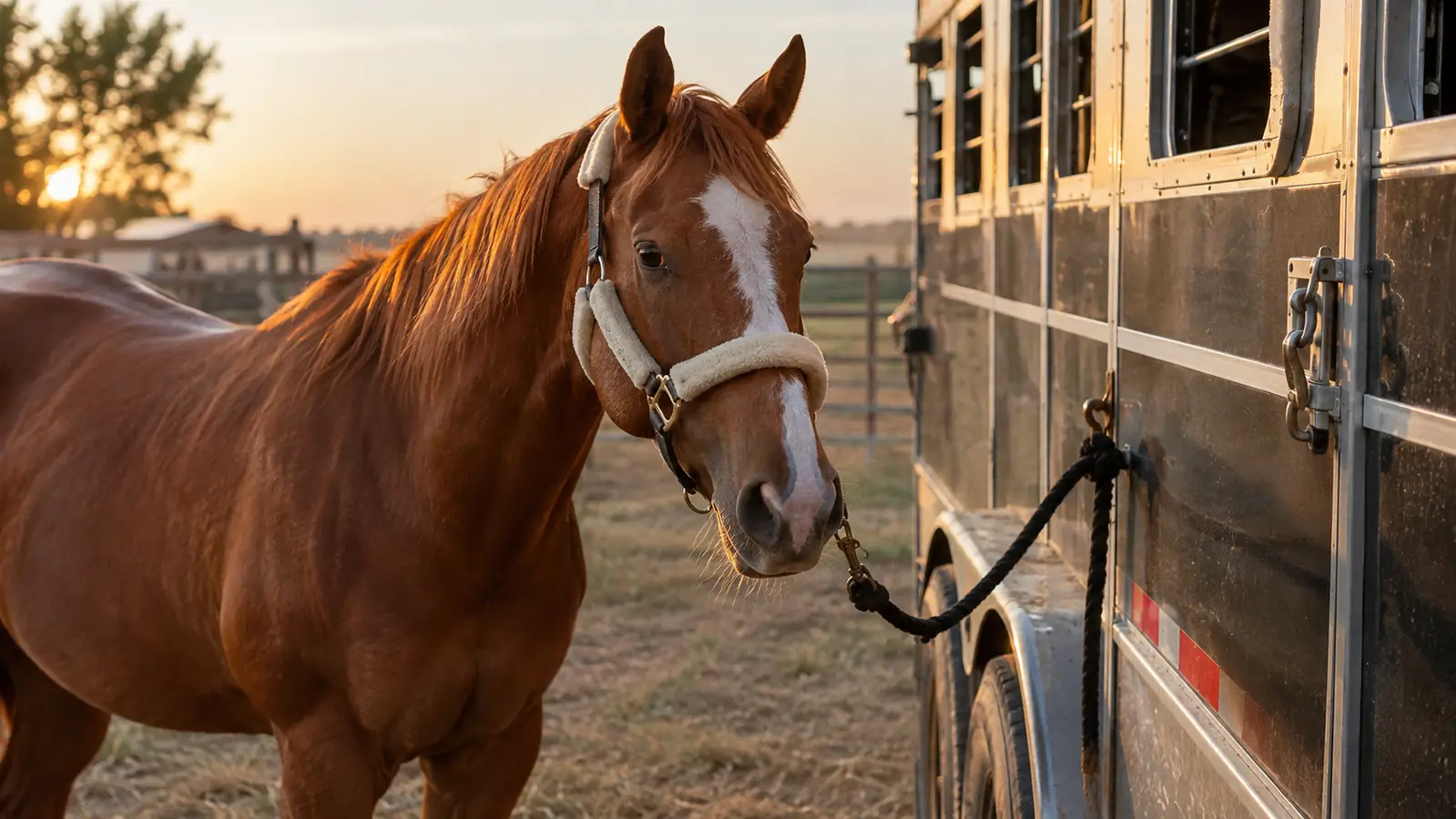 A sorrel horse wearing a padded halter standing quietly at a trailer tie