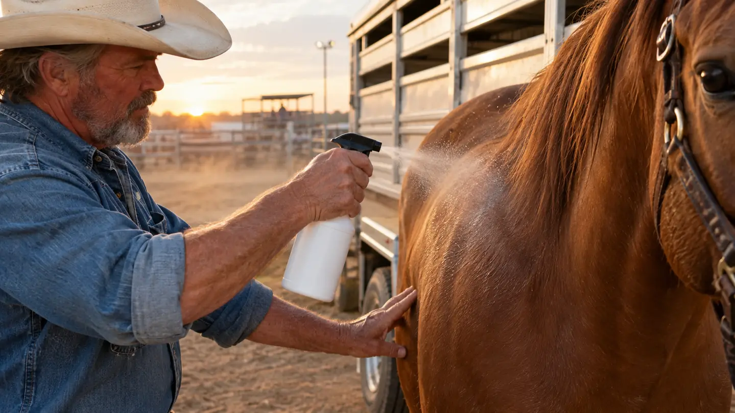 A hand spraying a horse's shoulder with a fly spray bottle at a trailer