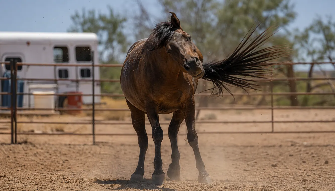 A horse switching its tail and shaking its head near a fence line in a dusty pen