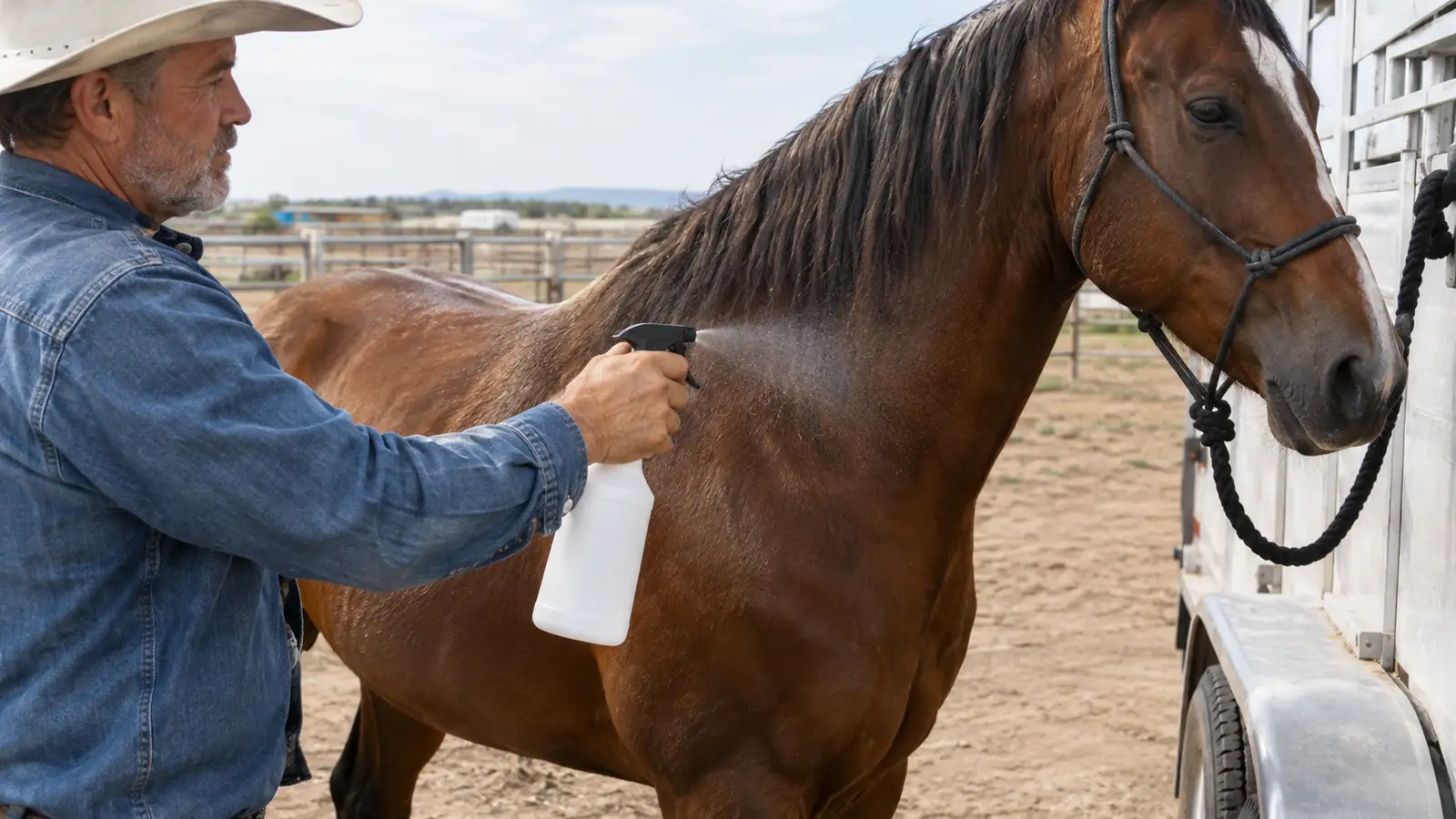 a hand spraying a horse's shoulder with a fly spray bottle near a trailer