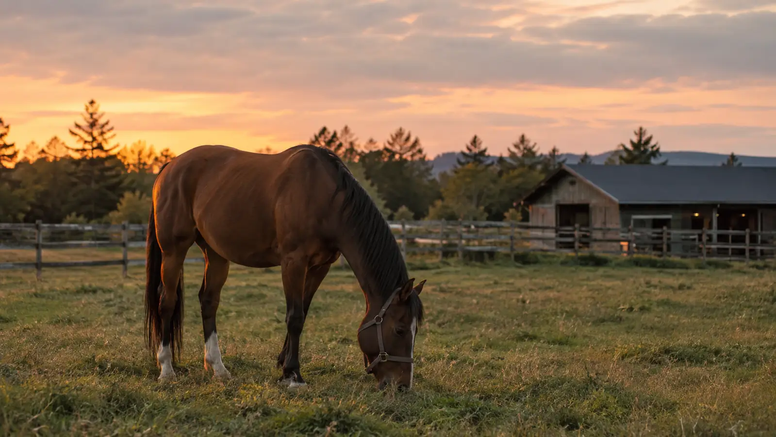 a horse grazing in a paddock at dusk with a barn and trees behind