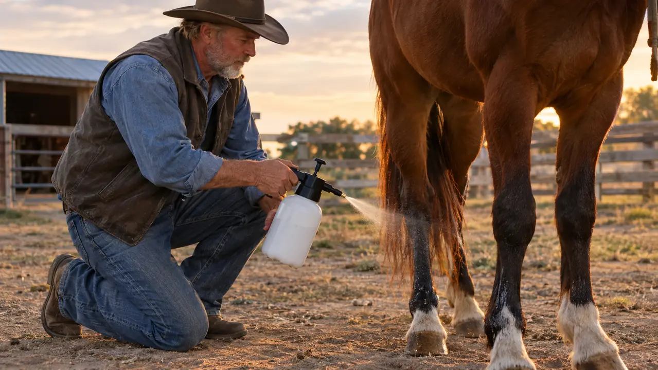 A rider spraying a horse's legs with a pump sprayer before a ride