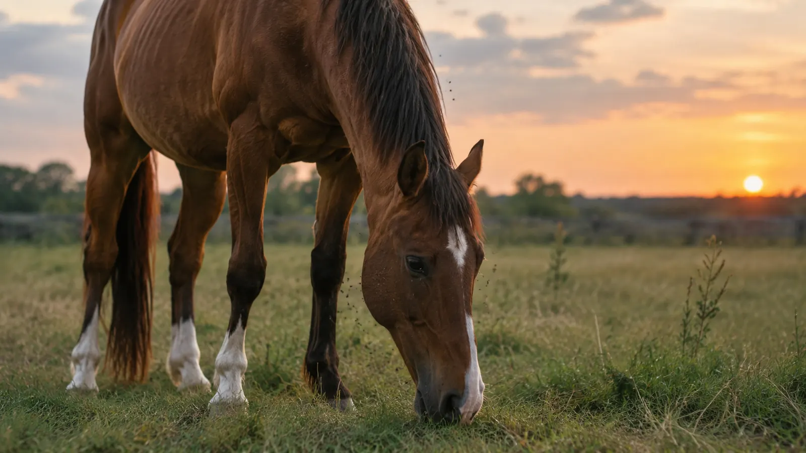 A horse grazing in a pasture at dusk with a few flies visible around its face