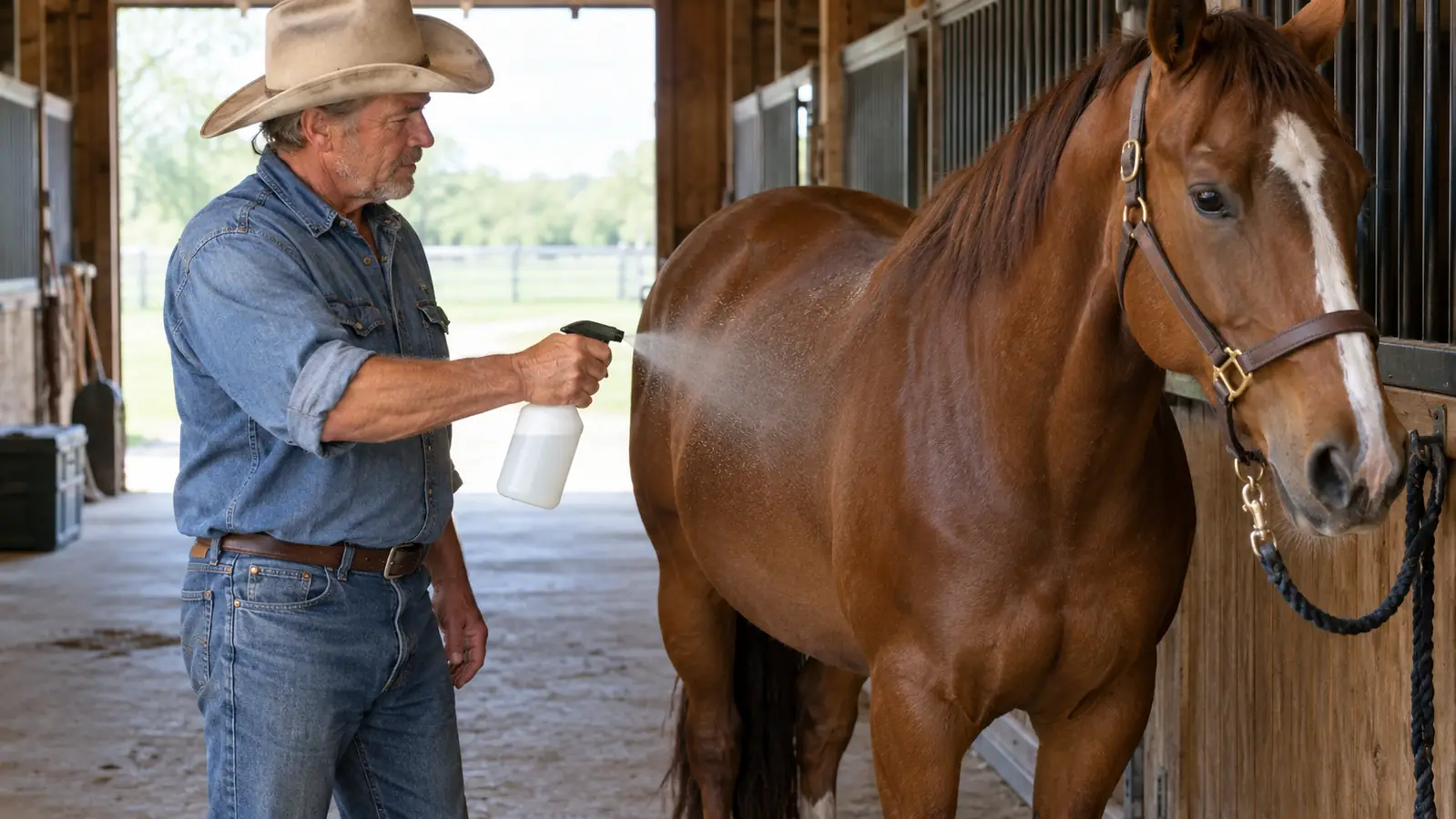 A person spraying fly repellent along the side of a horse in a barn aisle