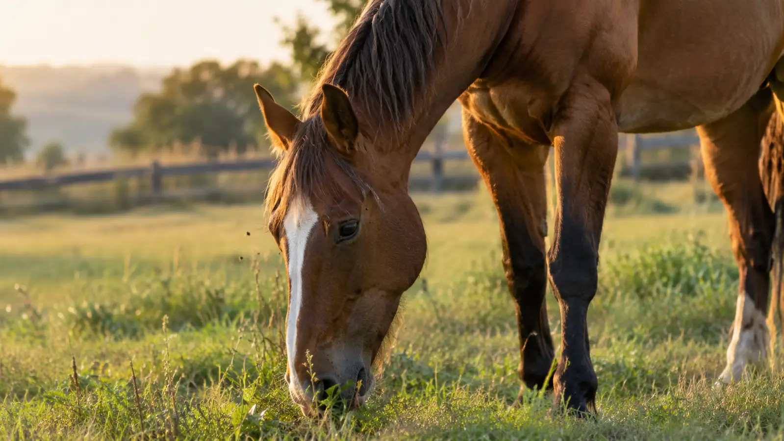 A horse grazing in a pasture with a few flies around its face and shoulders