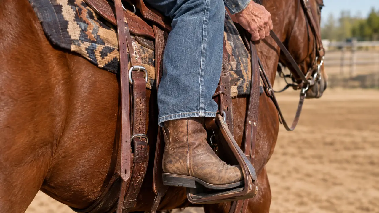 A close view of a pair of western work boots on a rider's feet in the stirrups