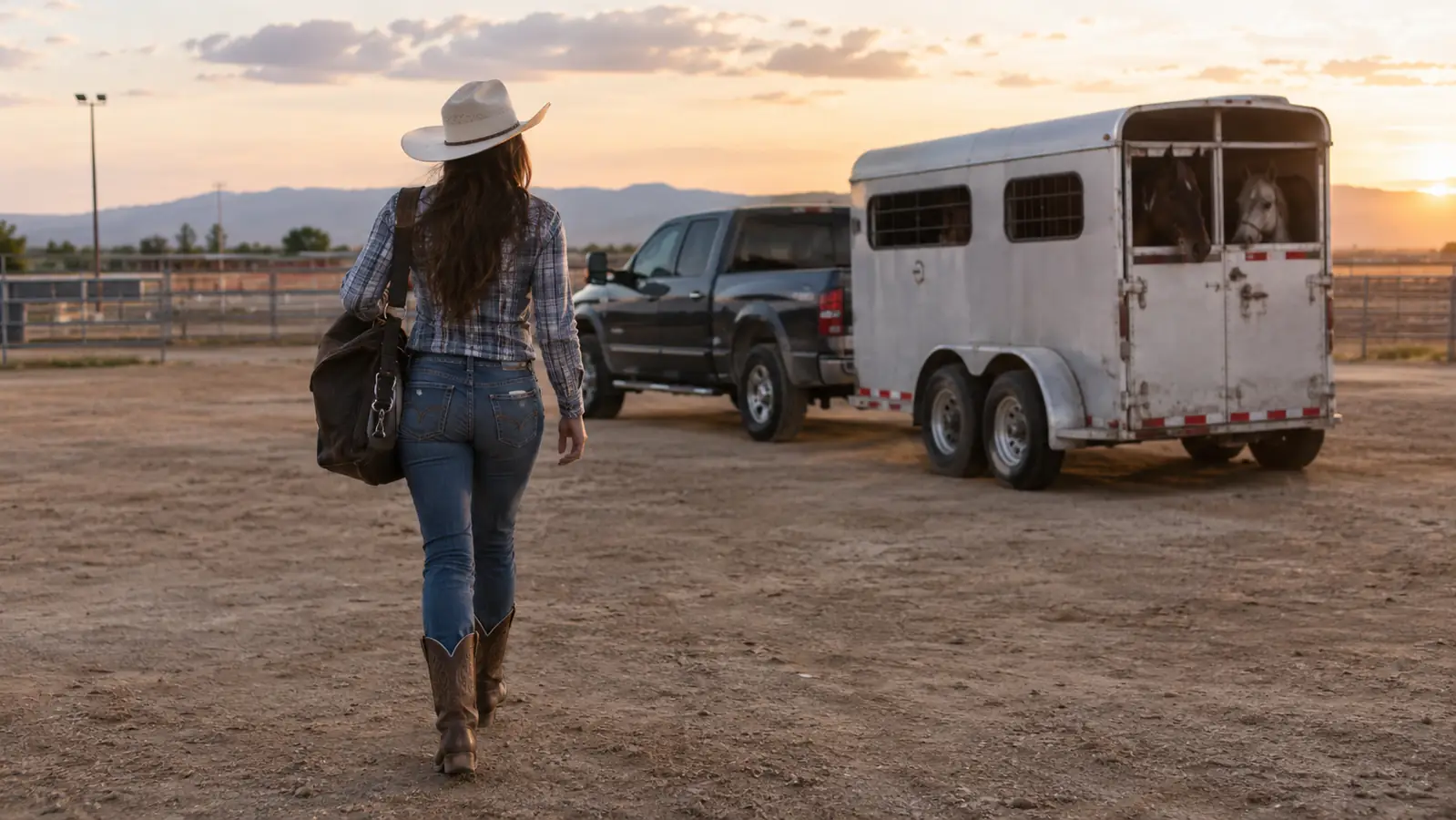 A rider walking across a dusty arena parking lot toward a pickup truck and horse trailer