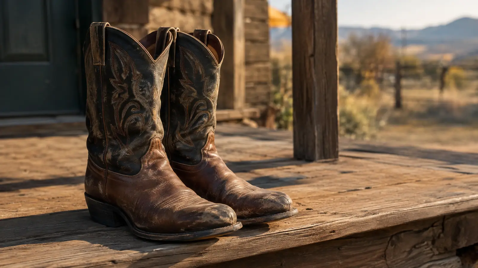 A pair of worn western boots on a porch step after a season of use