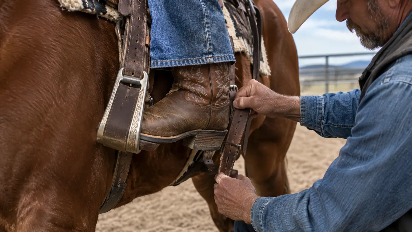 Close view of a rider's cowboy boot in the stirrup while saddling a horse at an arena