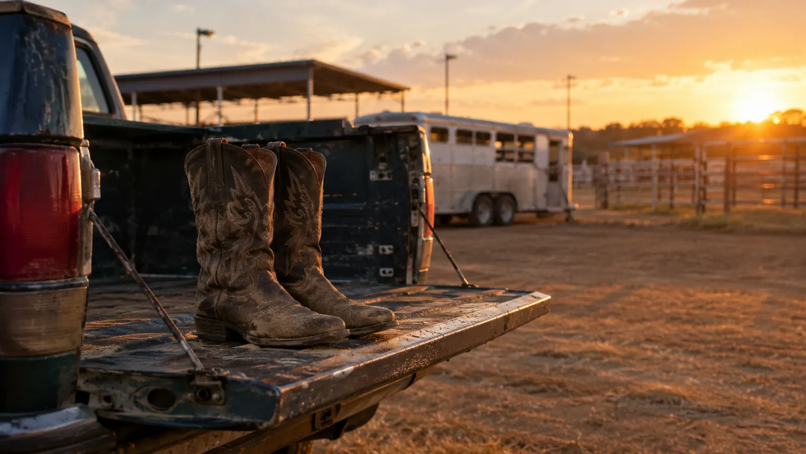 Dusty cowboy boots sitting on the open tailgate of a pickup after a day at the rodeo