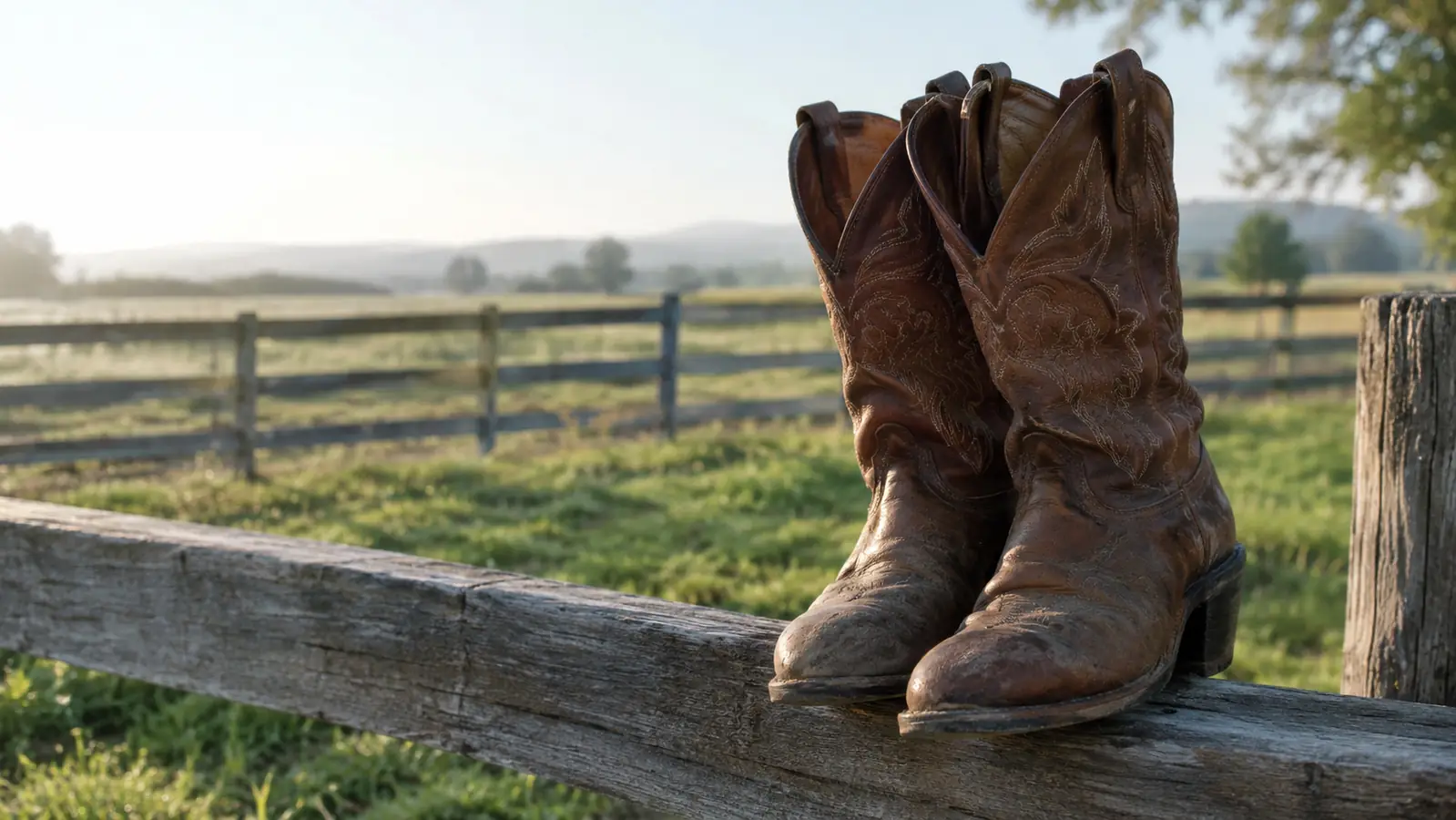 A pair of cowboy boots resting on a wooden fence rail at a ranch