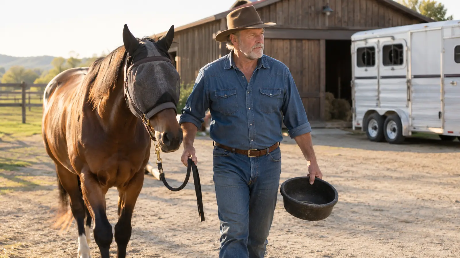 a rider leading a horse wearing a fly mask across a ranch yard with a feed pan in one hand