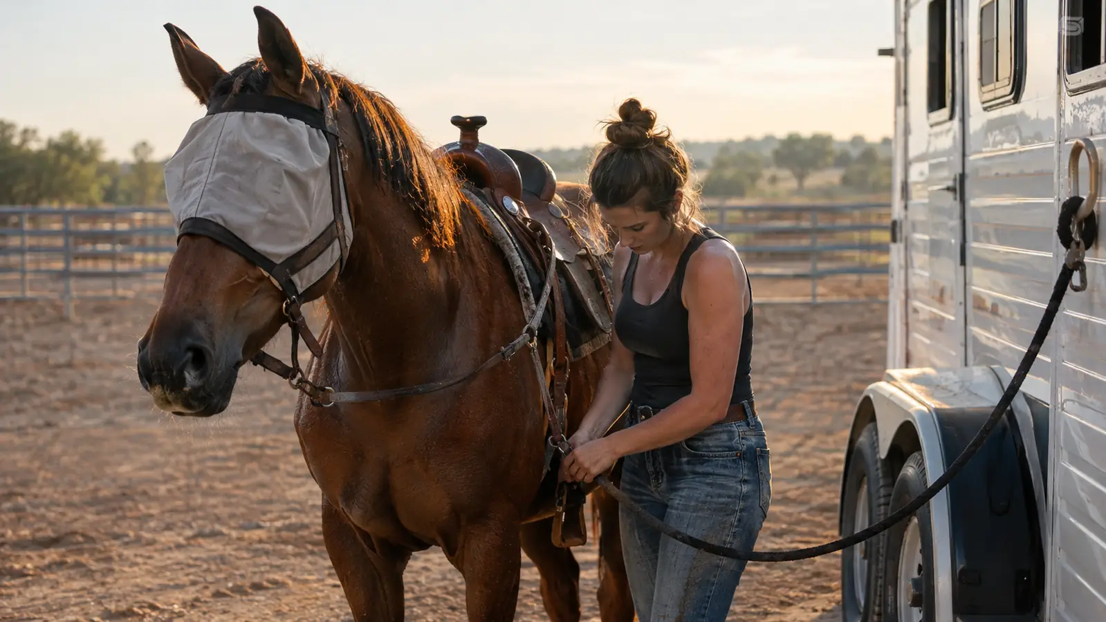 a horse wearing a fly mask tied to a two-horse trailer while a rider loosens the cinch after a ride