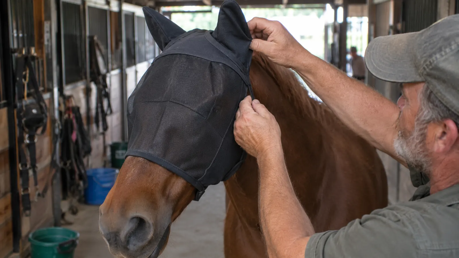 A hand adjusting a fly mask over a horse's ears in a barn aisle