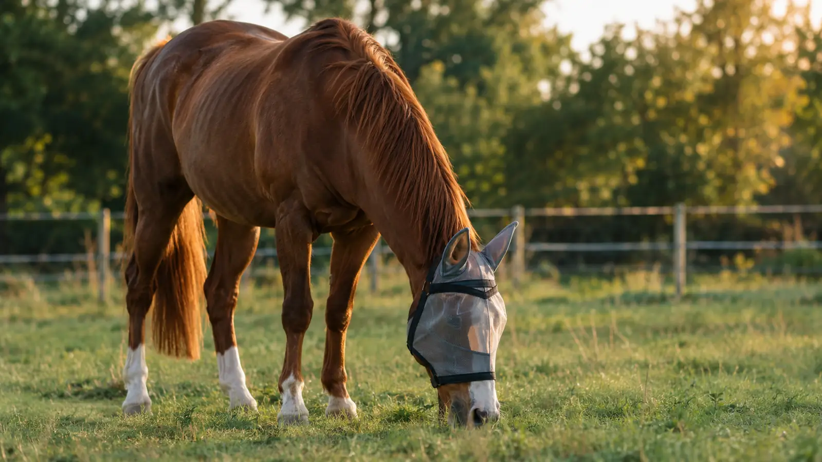 A horse grazing in a paddock while wearing a fly mask, late afternoon light