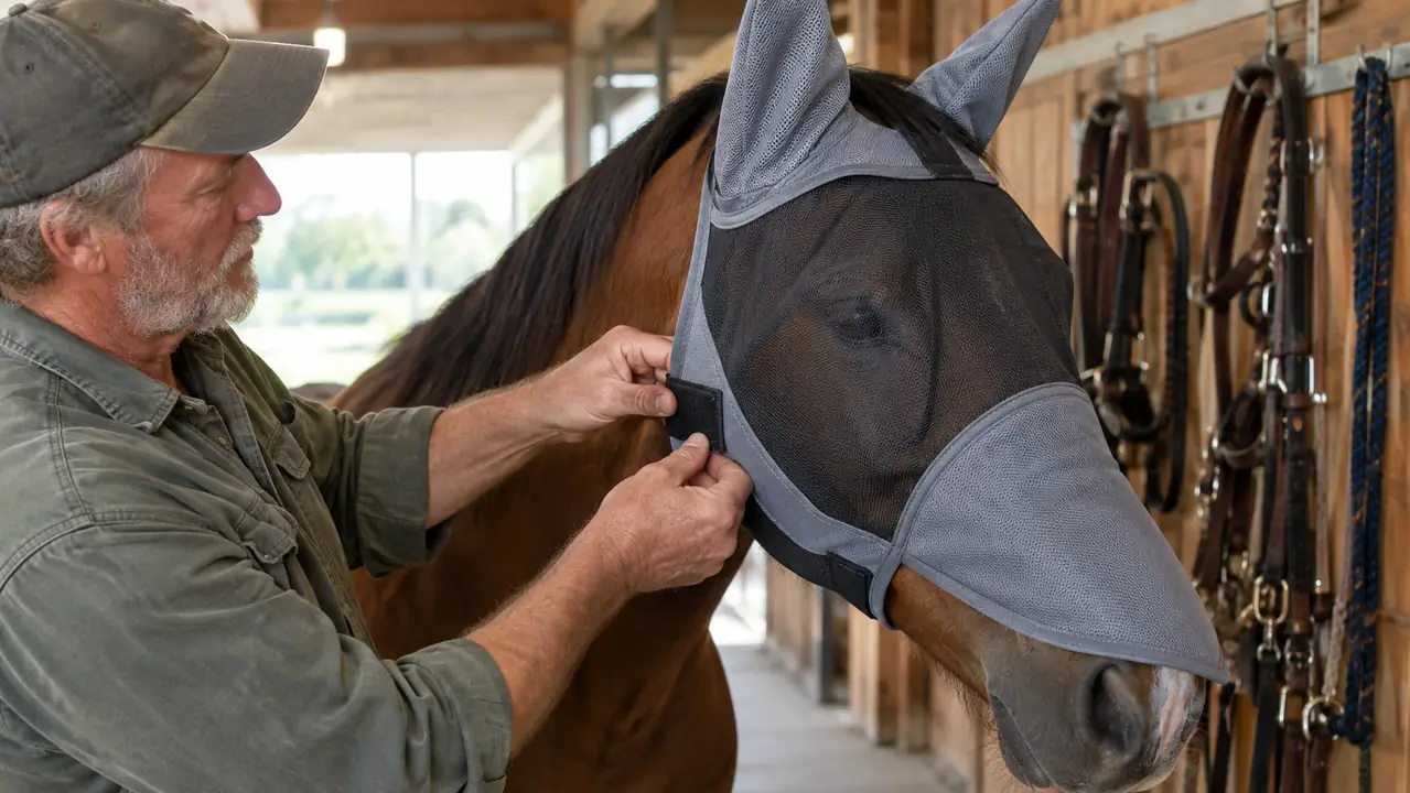 A rider's hand adjusting the hook-and-loop closure on a horse's fly mask in a barn aisle