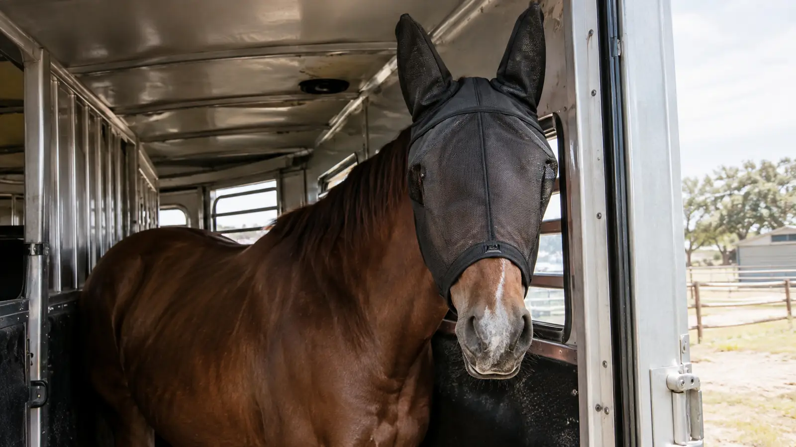 A horse wearing a fly mask standing calmly inside a two-horse stock trailer