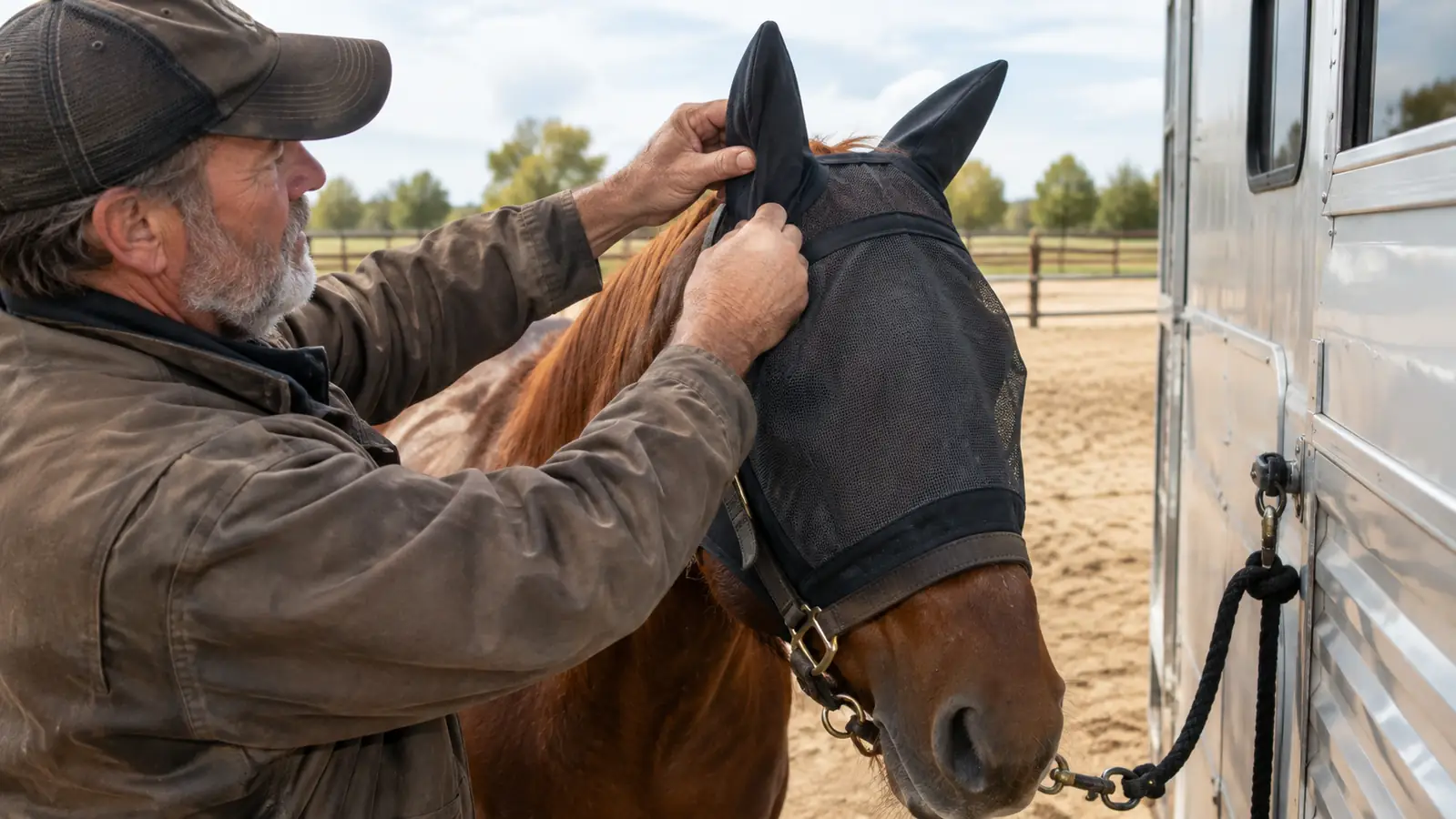 A hand adjusting a fly mask over a horse's ears before a ride
