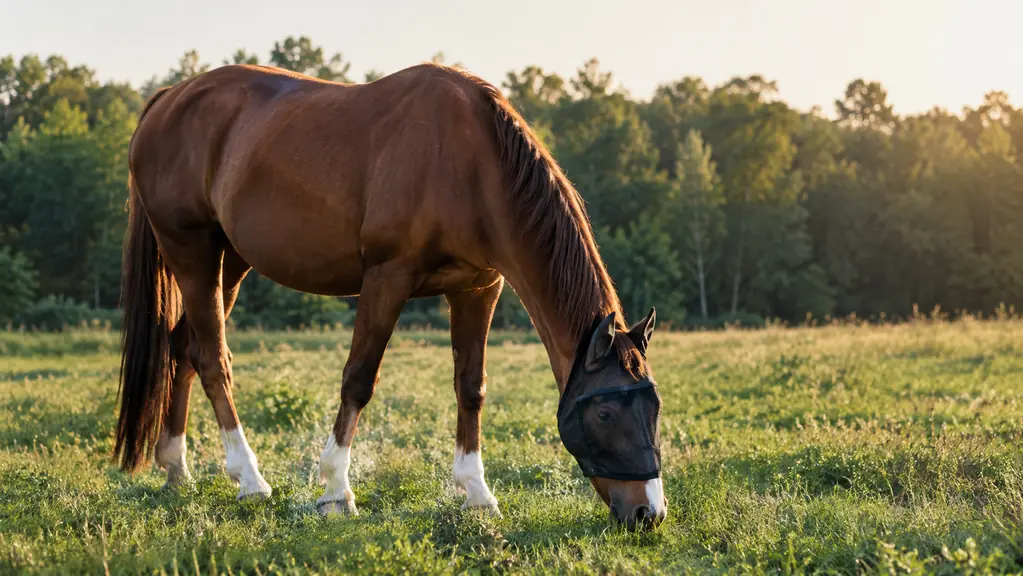 A horse wearing a fly mask grazing in a pasture with trees behind