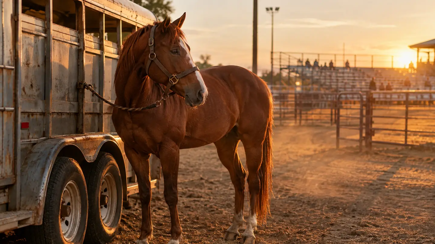 A sorrel quarter horse tied at a horse trailer beside a dusty rodeo arena at golden hour