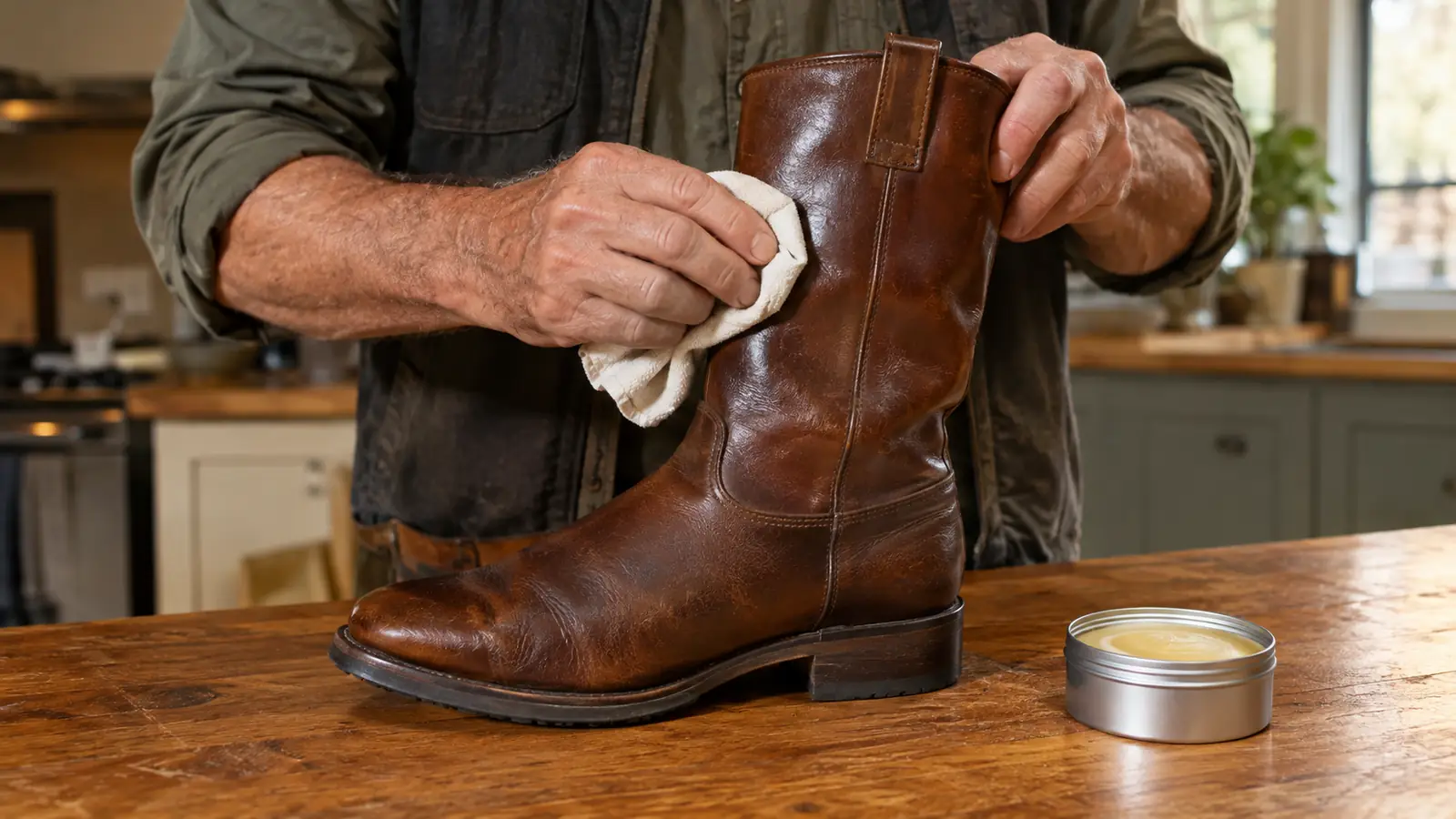 A hand working a leather conditioner into the shaft of a cowboy boot with a soft cloth