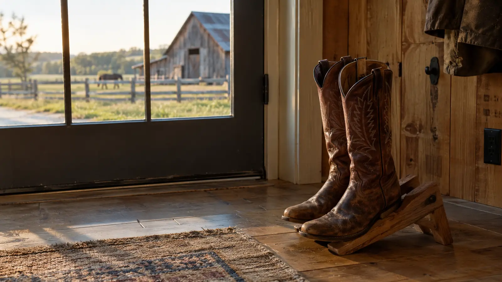 A pair of cowboy boots on a boot jack beside a back door, with a barn visible through the window