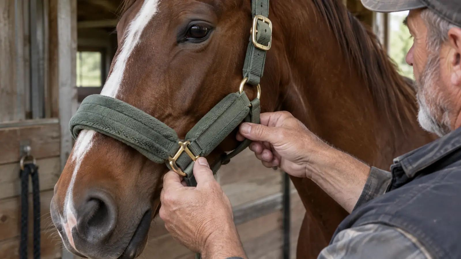 A person's hand adjusting the noseband of a padded halter on a horse's head