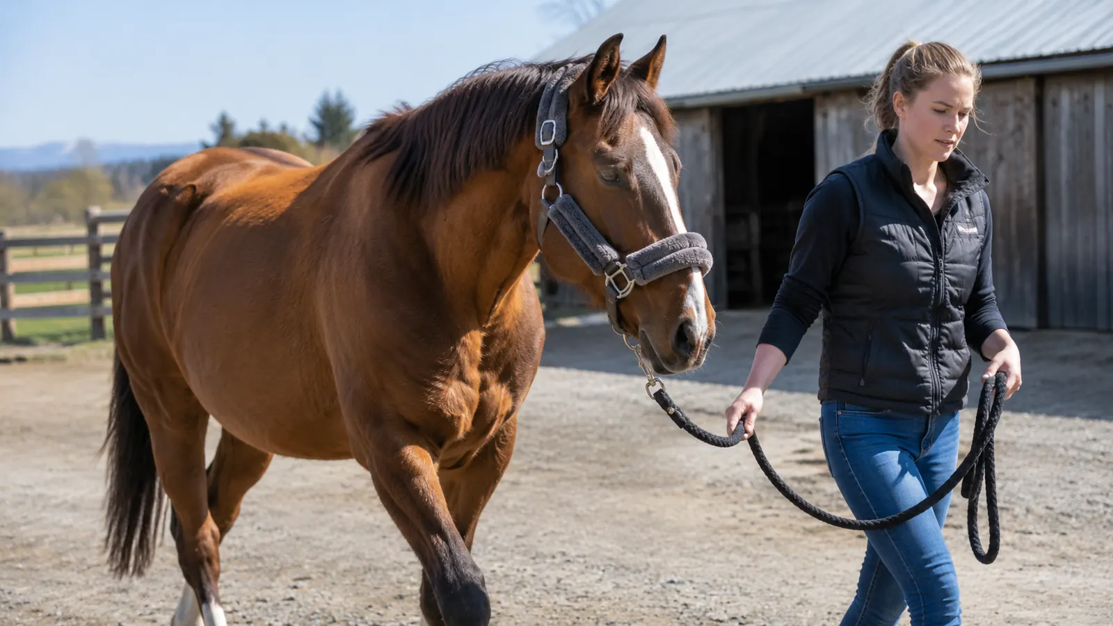 A horse wearing a padded halter being led across a ranch yard