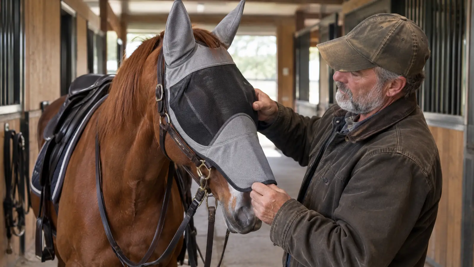 A rider adjusting a fly mask with a long nose and ears on a sorrel horse in a barn aisle
