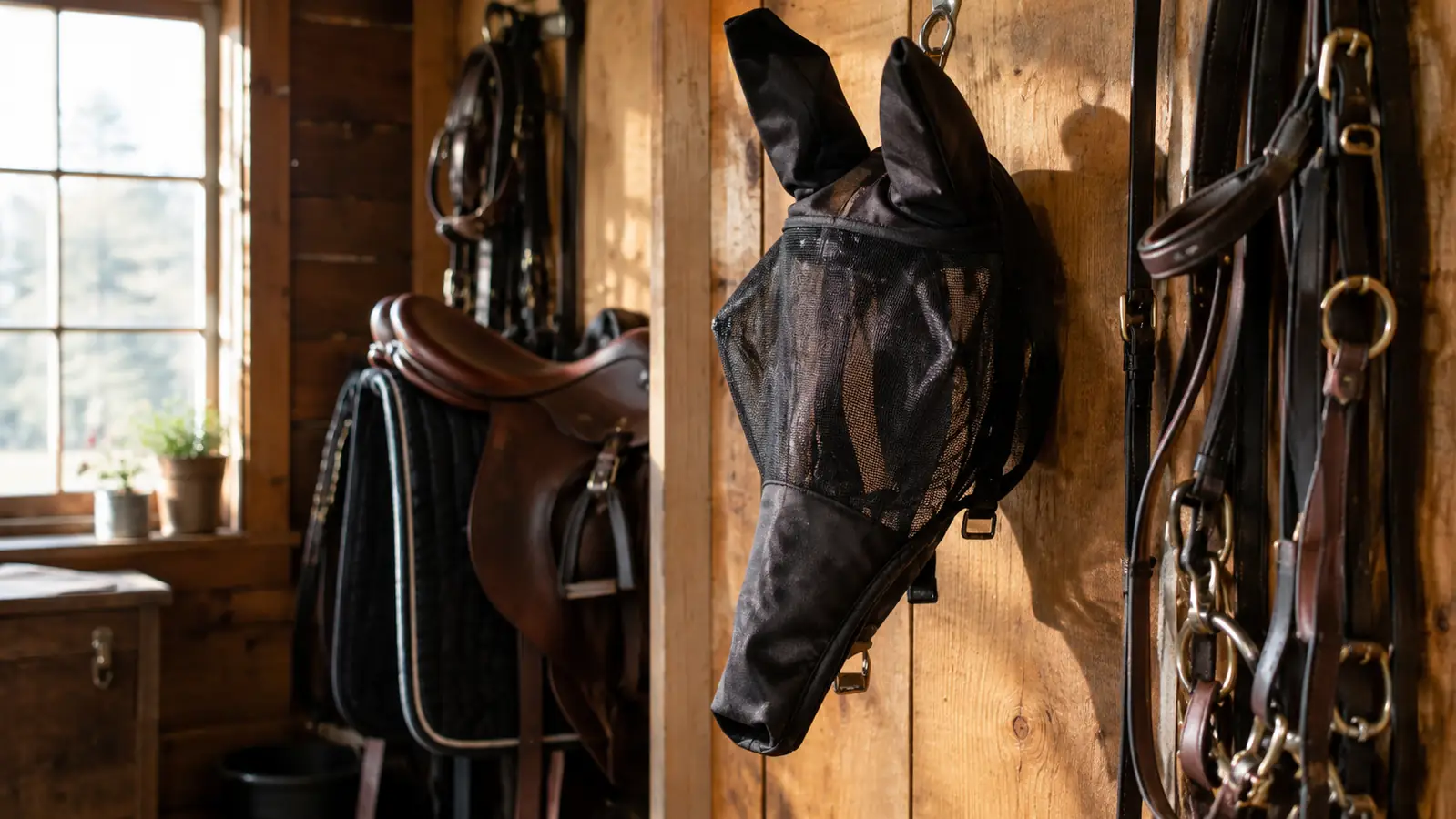 A fly mask with a long nose and ears hanging on a hook in a tack room