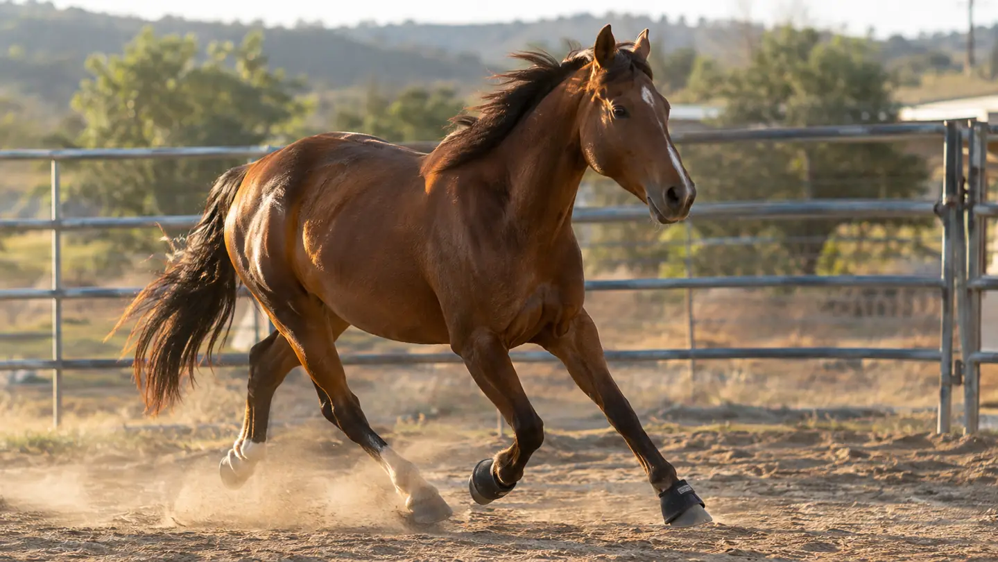 A horse working in a round pen with bell boots on, dust rising from the footing