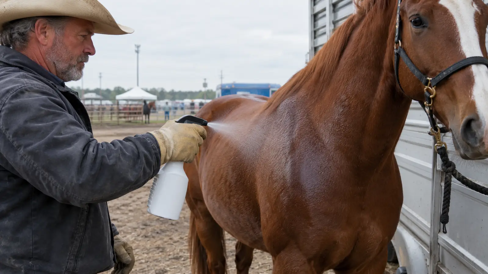A hand in a work glove spraying a horse's shoulder with a sprayer bottle while the horse stands tied to a trailer
