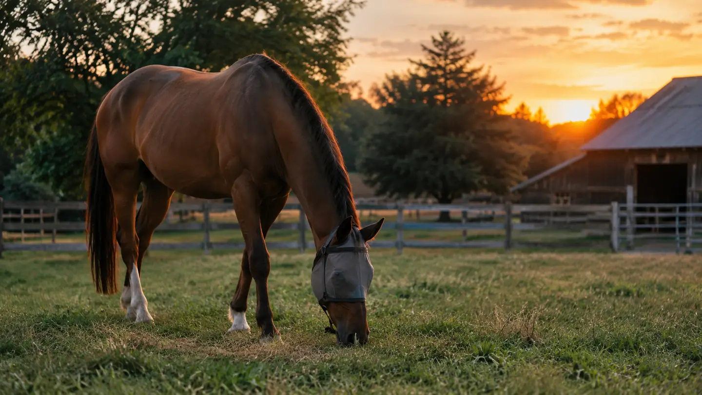 A horse grazing in a small paddock at dusk with a fly mask on, a barn and trees in the background