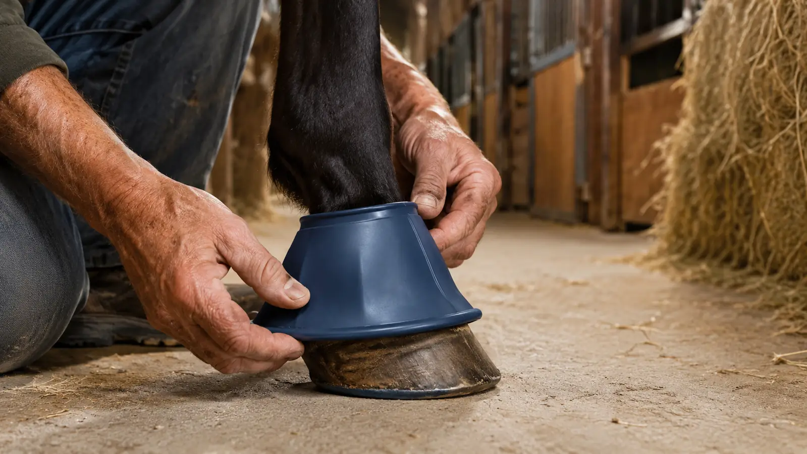 A hand fitting a bell boot over a horse's hoof in a barn aisle