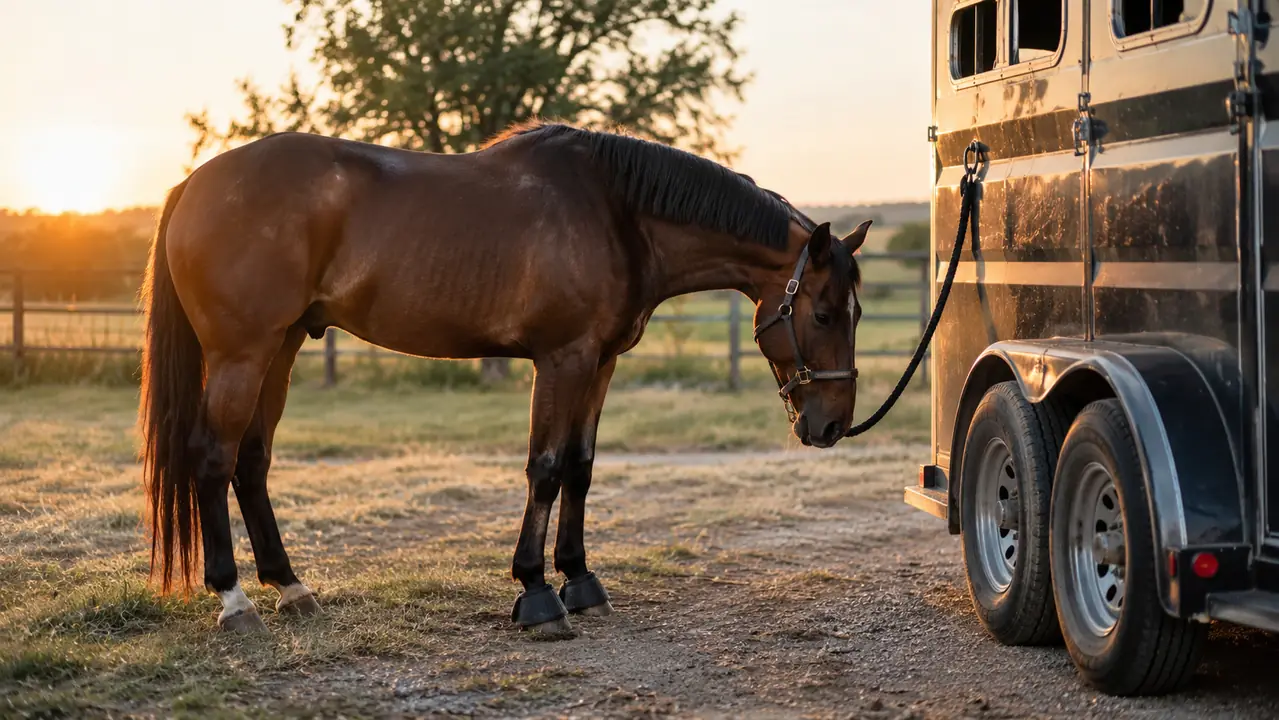 A horse standing tied at a trailer after a run, bell boots still on