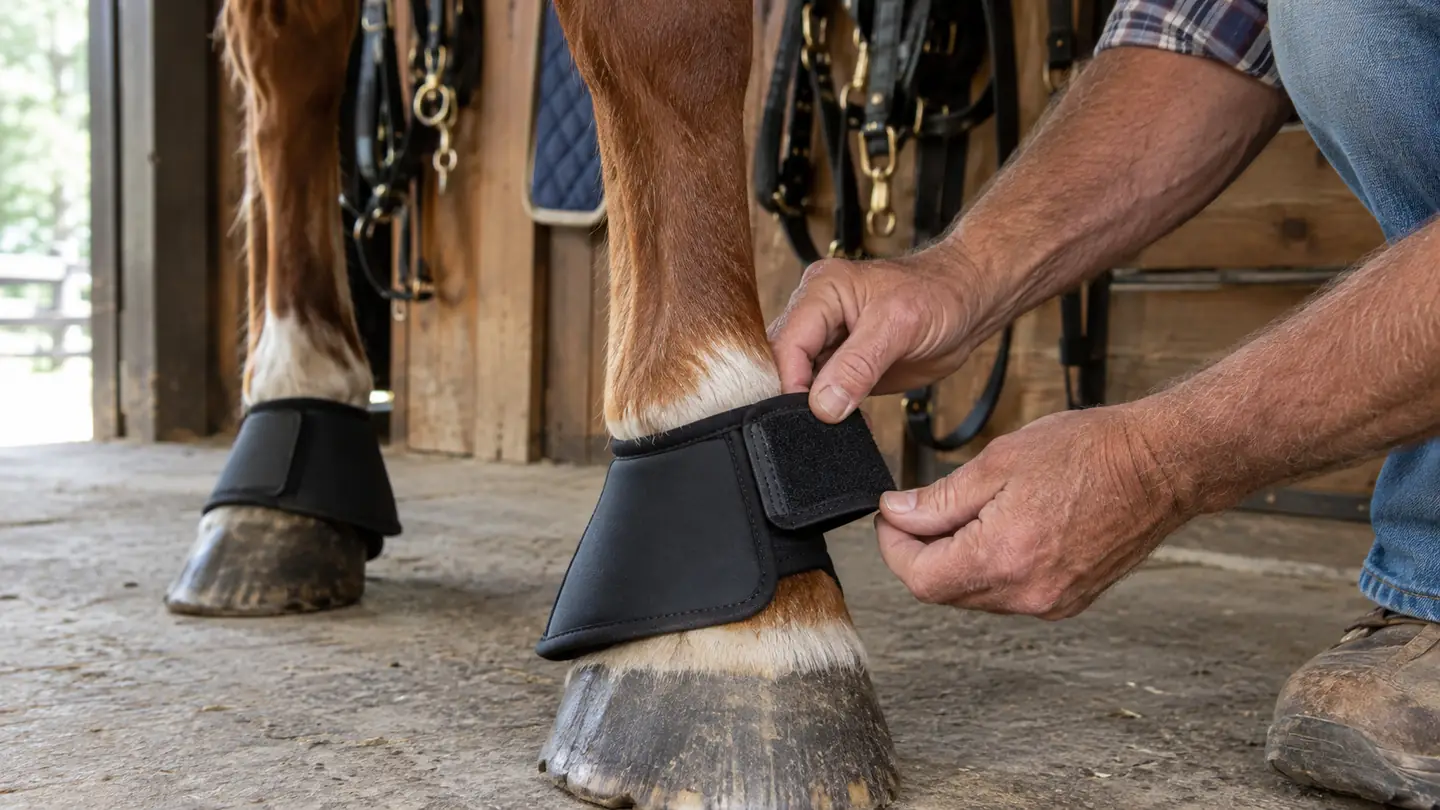 A rider's hand fastening a bell boot around a horse's lower leg before a ride