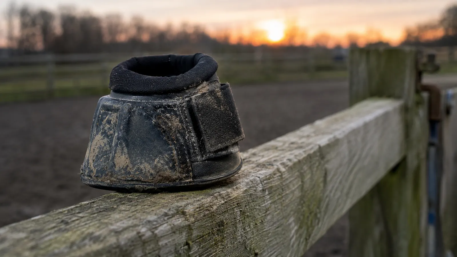 A bell boot sitting on a wooden fence rail after a muddy ride, showing scuffs and dirt