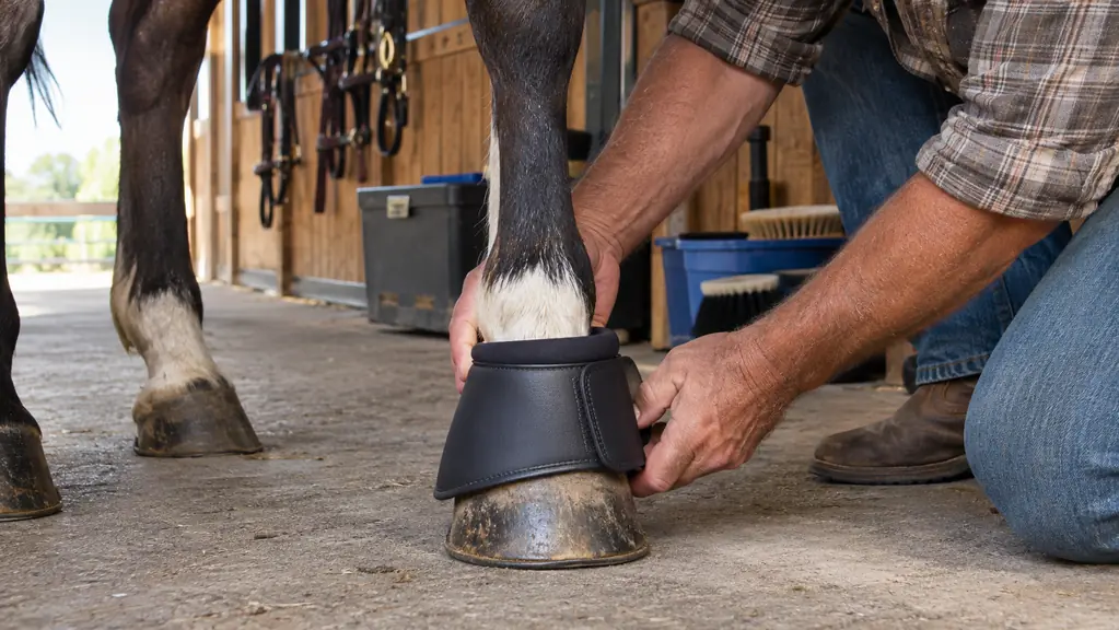 A rider's hand fitting a bell boot over a horse's hoof before a run