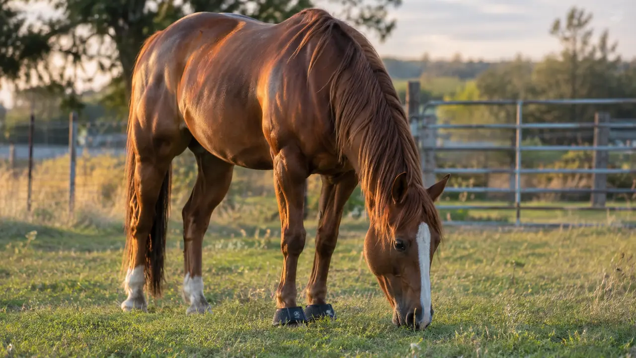 A horse wearing bell boots grazing in a pasture with a metal gate behind it