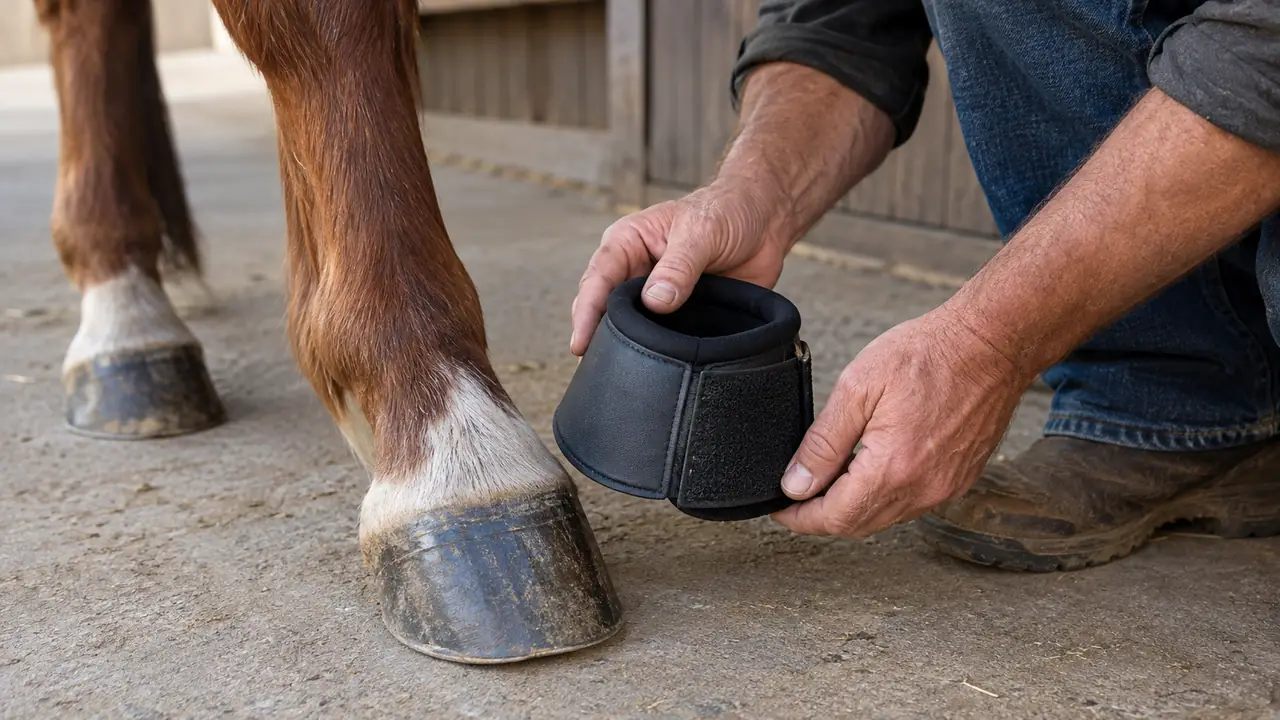 The rider holding a Shires ARMA bell boot beside a horse's hoof before fitting it