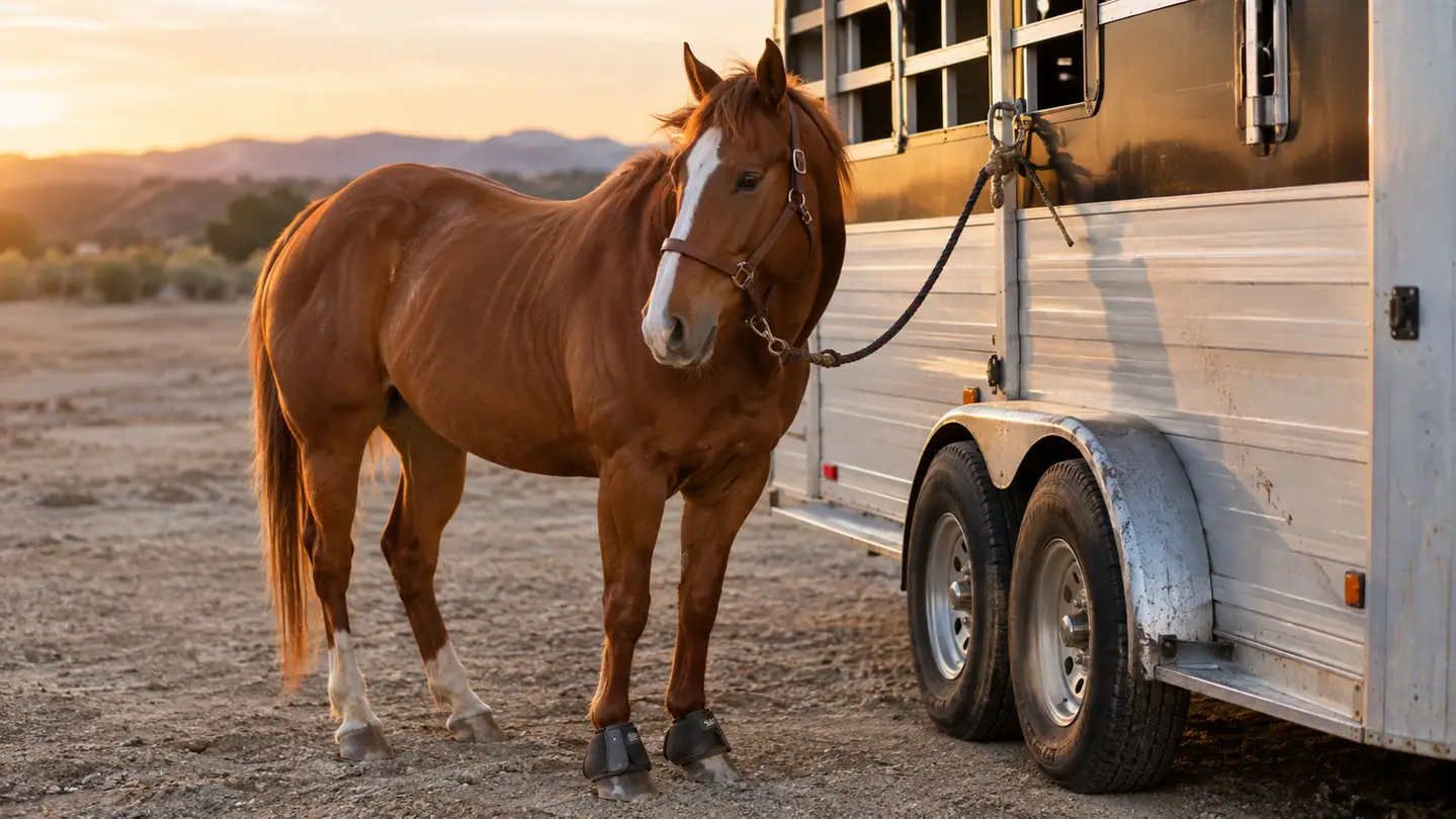 A sorrel horse standing tied at the trailer after a run, wearing bell boots on its front legs
